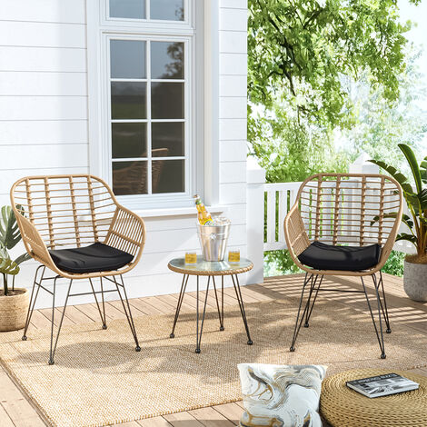 Set of 3 Garden Rattan Bistro Chairs and Table Set with Cushions, Yellow