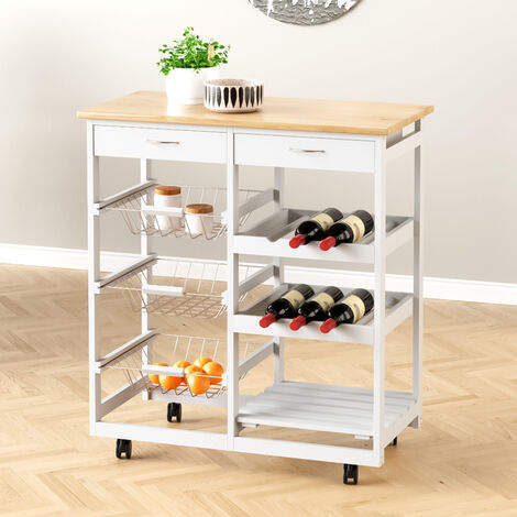 Rolling Kitchen Cart Storage Cabinet Trolley Wood Drawers Shelf Worktop w/ Wine Racks