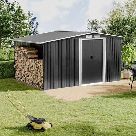 8ft x 6ft Metal Garden Tools Shed With Firewood Log Storage-Dark Grey