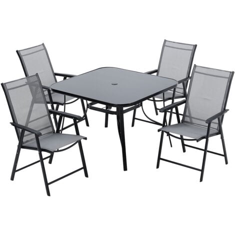 Set of 5 Garden 105CM Patio Glass Umbrella Table and Folding Chairs Set