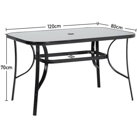 Black Set of 5 Garden 120CM Rectangle Glass Umbrella Table and Stackable Chairs Set