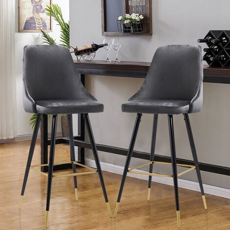 Set of 2 Velvet High foot Bar Stool Buttoned Back, Grey