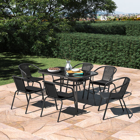Set of 7 Garden 120CM Rectangle Glass Umbrella Table and Stackable Chairs Set