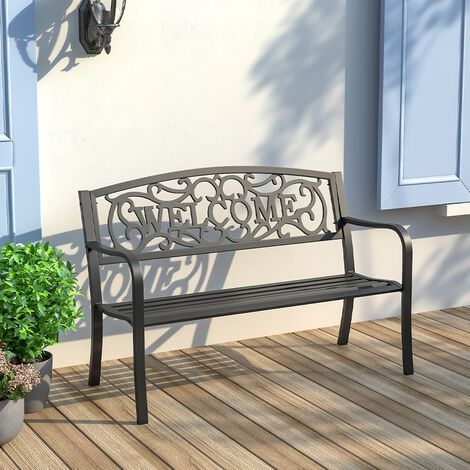 Modern Garden Bench Cast Iron WELCOME Backrest Patio Chair Metal Outdoor Seating