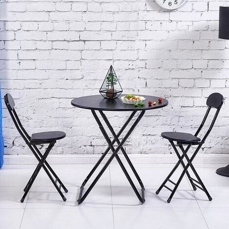 Folding Garden Table Dining Table and 2 Chairs Kitchen Furniture Space Saving, Black Table Dia.60x75cm