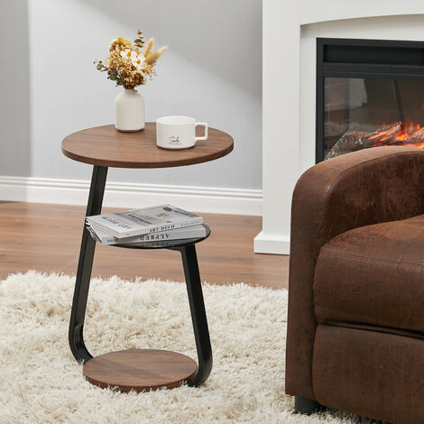 Round Wood And Glass Side Table Steel Frame, 3 Tier End Table Round