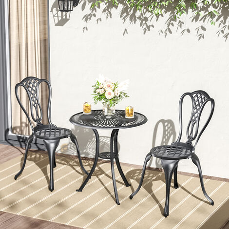 Cast Aluminum Outdoor 3 Piece Bistro Set Garden Table and Chairs Black