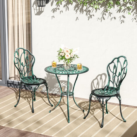 3 Piece Bistro Set Round Aluminum Patio Table with 2 Chairs - Green