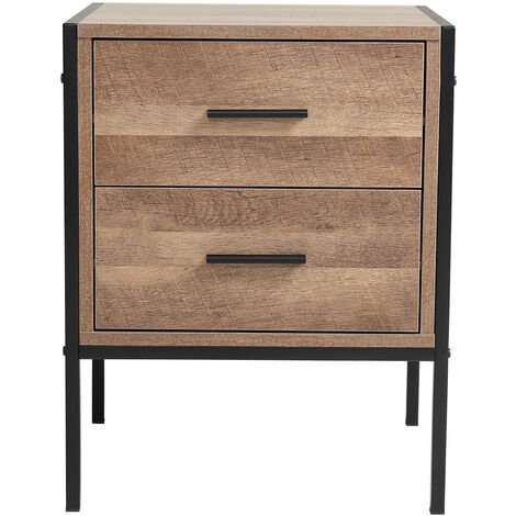 Metal Frame Wood Industrial Bedside Table with 2 Drawers