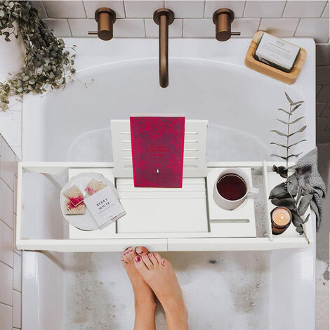 Bamboo Bath Tray with Wine Glass Slot and Book Holder and Smartphone Tablet Original Expandable Bathroom Trays for Home Spa Experience 