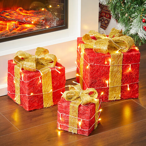 Set of 3 Light Up Glitter LED Christmas Gift Square Boxes Presents , Gold