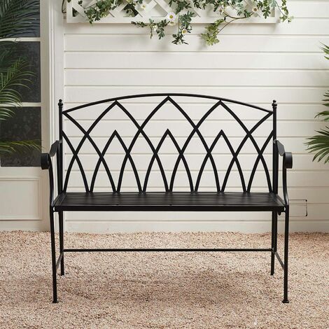 Foldable Garden Patio Bench Metal Outdoor Seating Furniture 2 Seater Home Decor, Black