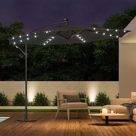 3M Large Garden Hanging LED Parasol Cantilever Sun Shade Banana Umbrella with Cross Base, Dark Grey