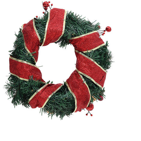 Red Ribbon Artificial Green Pine Leaves Wreath Hanging Xmas Decor