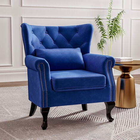 Blue Luxurious Button Armchair with Pillow