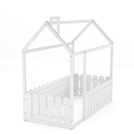 Wooden House Toddler Bed with Fence and Roof