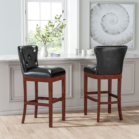 Black Set of 2 Tufted Faux Leather Bar Stools