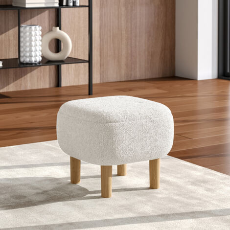 Beige Footstool Pouffe Stool with Wooden Legs