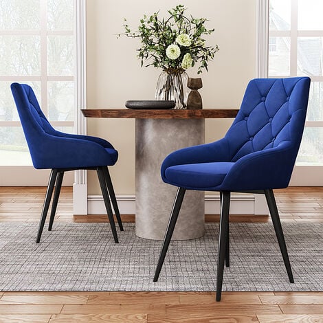 Set of Blue Velvet Metal Legs Button Upholstered Dining Chair