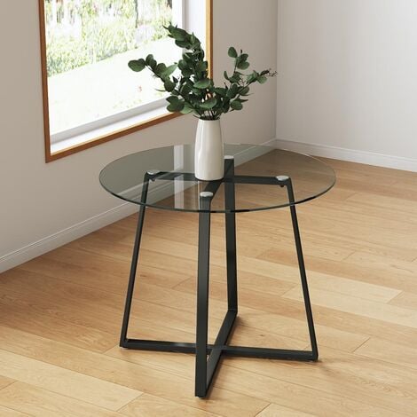 Black Modern Round Dining Table with Tempered Glass Top