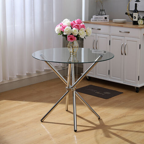 Livingnandhome Tempered Glass Crossover Round Dining Coffee Table with 4 Chrome Legs (1/5)