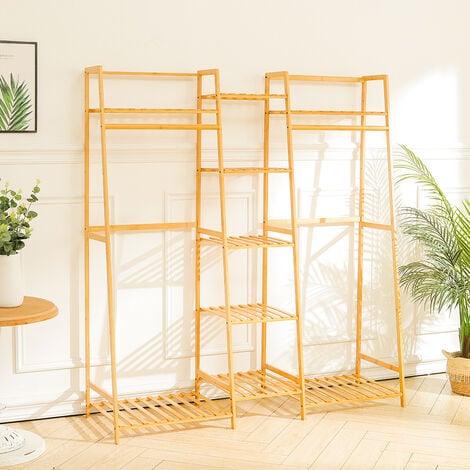 Natural Wood Bamboo Trapezoid Storage Shelves Clothes Hanging Rack