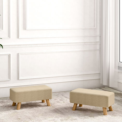 Beige Linen Pouffe Footstool with Wooden Legs