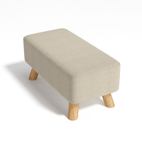 Beige Linen Pouffe Footstool with Wooden Legs