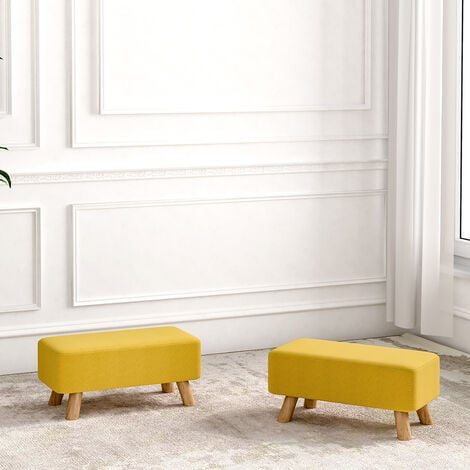 Yellow Linen Pouffe Footstool with Wooden Legs