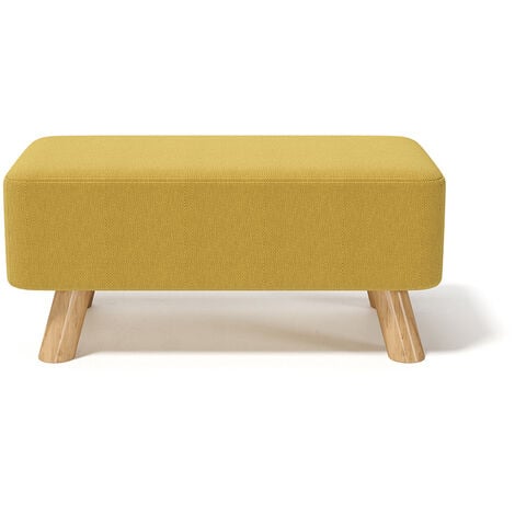 Yellow Linen Pouffe Footstool with Wooden Legs
