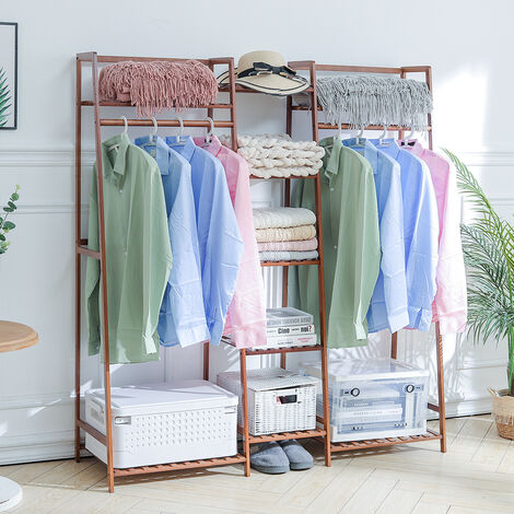 Brown Bamboo Trapezoid Storage Shelves Clothes Hanging Rack