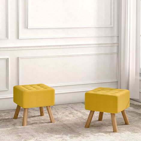 Yellow Square Linen Upholstered Footstool with Wooden Legs