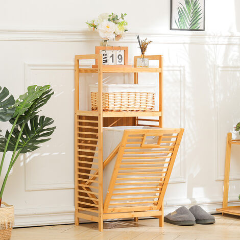 3 Tier Bamboo Laundry Hamper Basket with Liner Bag Storage Dirty Clothes (1/5)