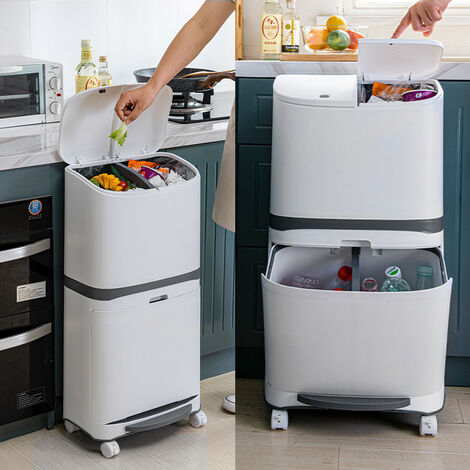 White 48L Step on Rubbish Bin Double Layer with Inner Buckets