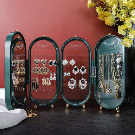 Green Dust Proof Jewelry Earring Necklace Storage Box with Mirror (1/5)