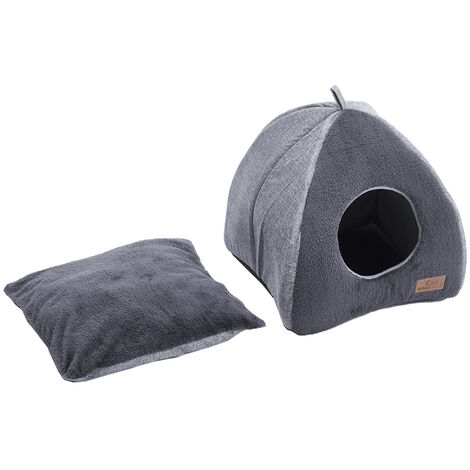 Triangular Large Dog Cat House with Soft Plush Grey Puppy Sleeping Bed Indoor