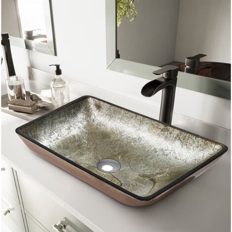 Gold Bathroom Artistic Vessel Sink Tempered Glass with Drain