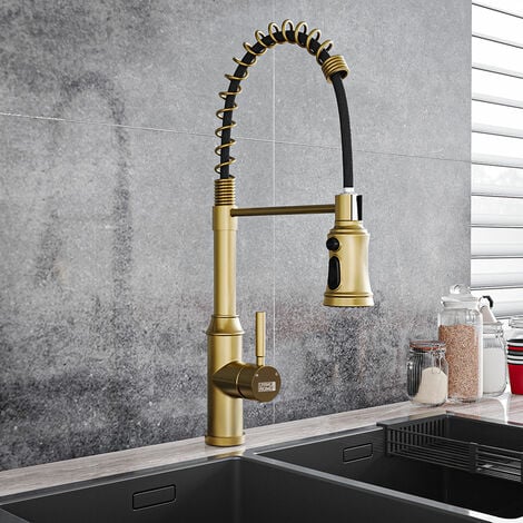 Rotable Pulldown Kitchen Mixer Tap with Spring Spout,Brushed Gold
