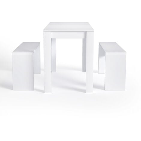 White Set of 3 Modern Dining Room Table and Benches