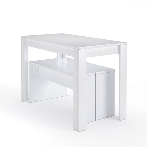 White Set of 3 Modern Dining Room Table and Benches