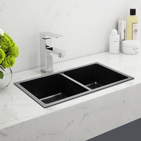 Black Quartz Double Bowl Undermount Kitchen Sink   95218883 1 