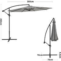 Garden 3M Light Grey Banana Parasol Cantilever Hanging Sun Shade Umbrella Shelter