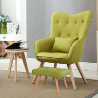 Livingandhome Linen Curved Buttoned Back Armchair with Footstool and Lumbar Pillow, Green