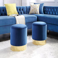Livingandhome 35CM Round Velvet Pouffe Footstool with Metal Base, Blue