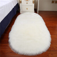 Oval White Faux Fur Sheepskin Non Slip Fluffy Floor Rugs, 60x90CM