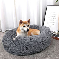 Dark Grey Round Cat Dog Cushion Faux Fur Fluffy Shaggy Sheepskin Pet Bed, 50CM