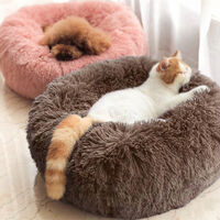 Khaki Round Cat Dog Cushion Faux Fur Fluffy Shaggy Sheepskin Pet Bed, 80CM