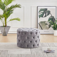 Livingandhome 62CM Round Frosted Velvet Buttoned Footstool, Light Grey