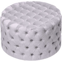 Livingandhome 82CM Round Frosted Velvet Buttoned Footstool, Light Grey