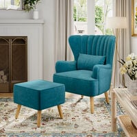 Livingandhome Suede Wingback Armchair with Footstool and Lumbar Pillow, Teal Blue